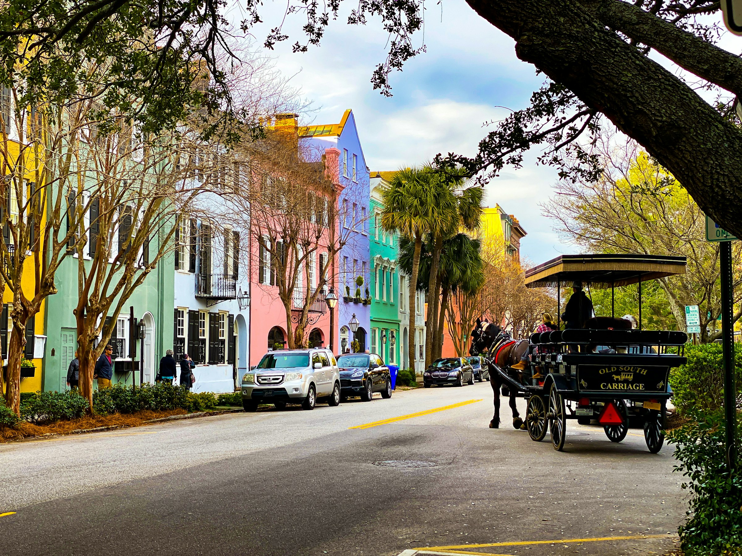 A horse-drawn carriage on a historic Charleston street